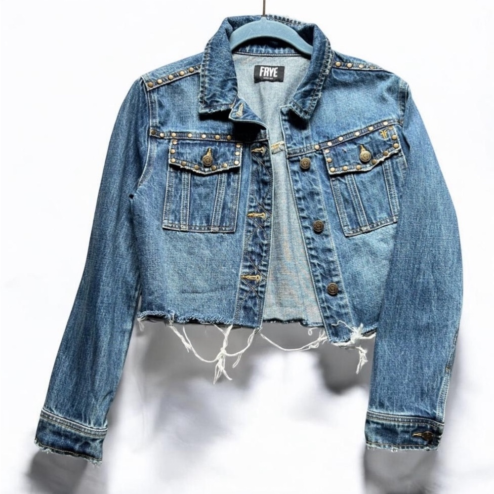 Frye Women's Studded Cropped Denim Jacket Sz S Casual Streetwear Grunge Rock
